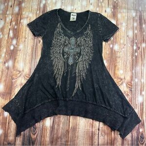 Y2K Grunge Rhinestone Cross Wings Tunic Top Acid Wash Short Sleeve Size Medium
